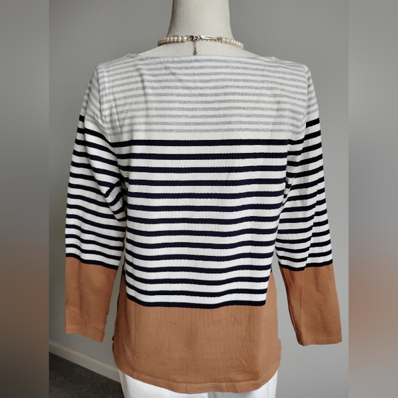 Talbots Cotton Breton Stripe Top Navy Cream Camel Classic Nautical Size M Petite - Picture 9 of 14